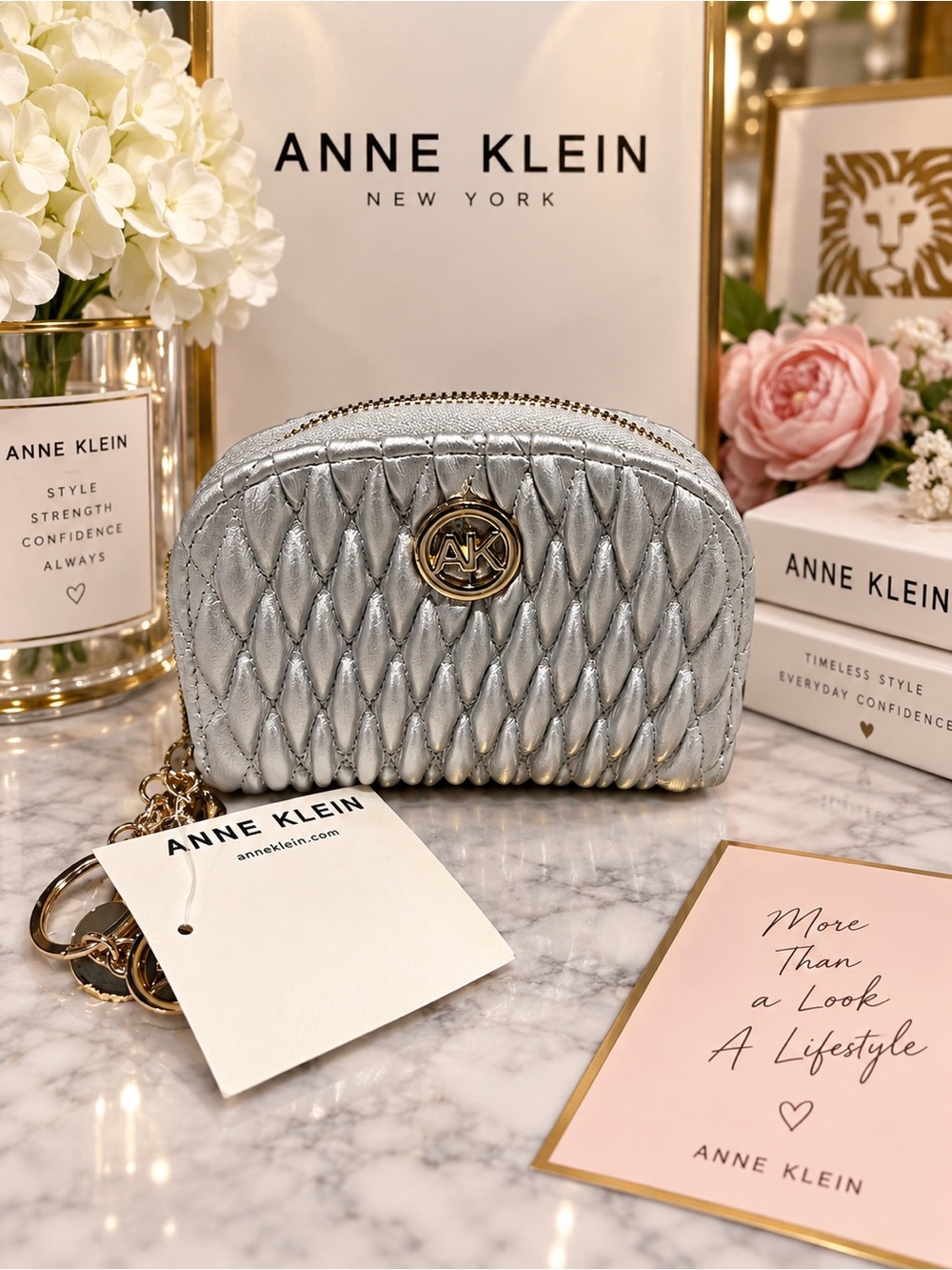Anne Klein Silver Quilted Zip-Around Wallet / Card & Coin Purse with Gold Charm